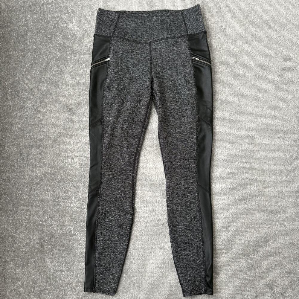 Athleta Leggings Womens Medium Gray Black Faux Leather Panel Zip Pockets Yoga